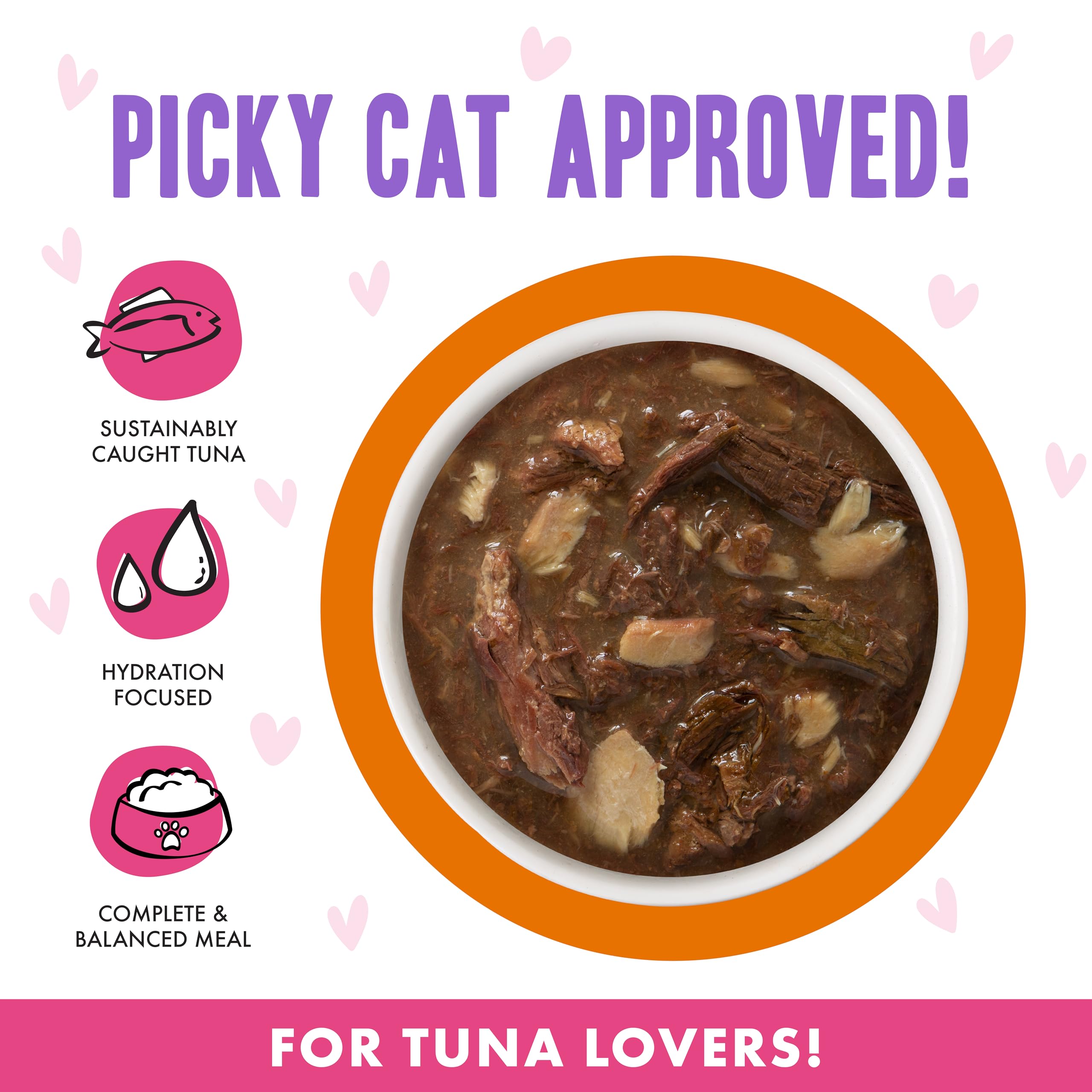 Close-up of gravy and tuna-salmon chunks in Weruva OMG pouch for flavor.