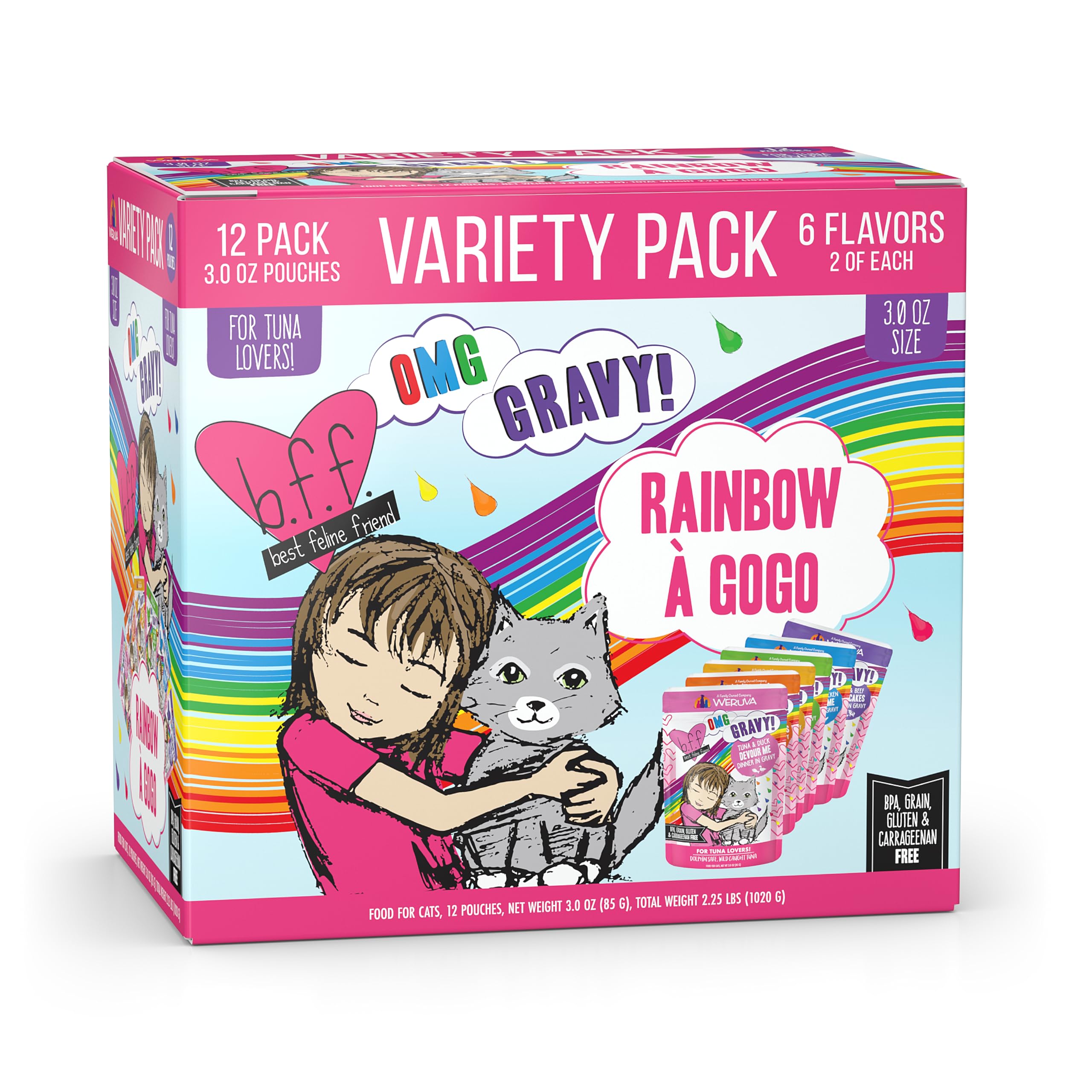Weruva B.F.F. OMG Rainbow A Gogo Charm Me tuna pouch—rich gravy for moisture and flavor variety.