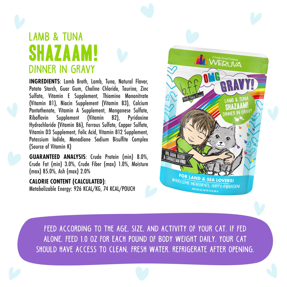 Pack of twelve Weruva B.F.F. OMG Shazaam Lamb and Tuna in Gravy pouches
