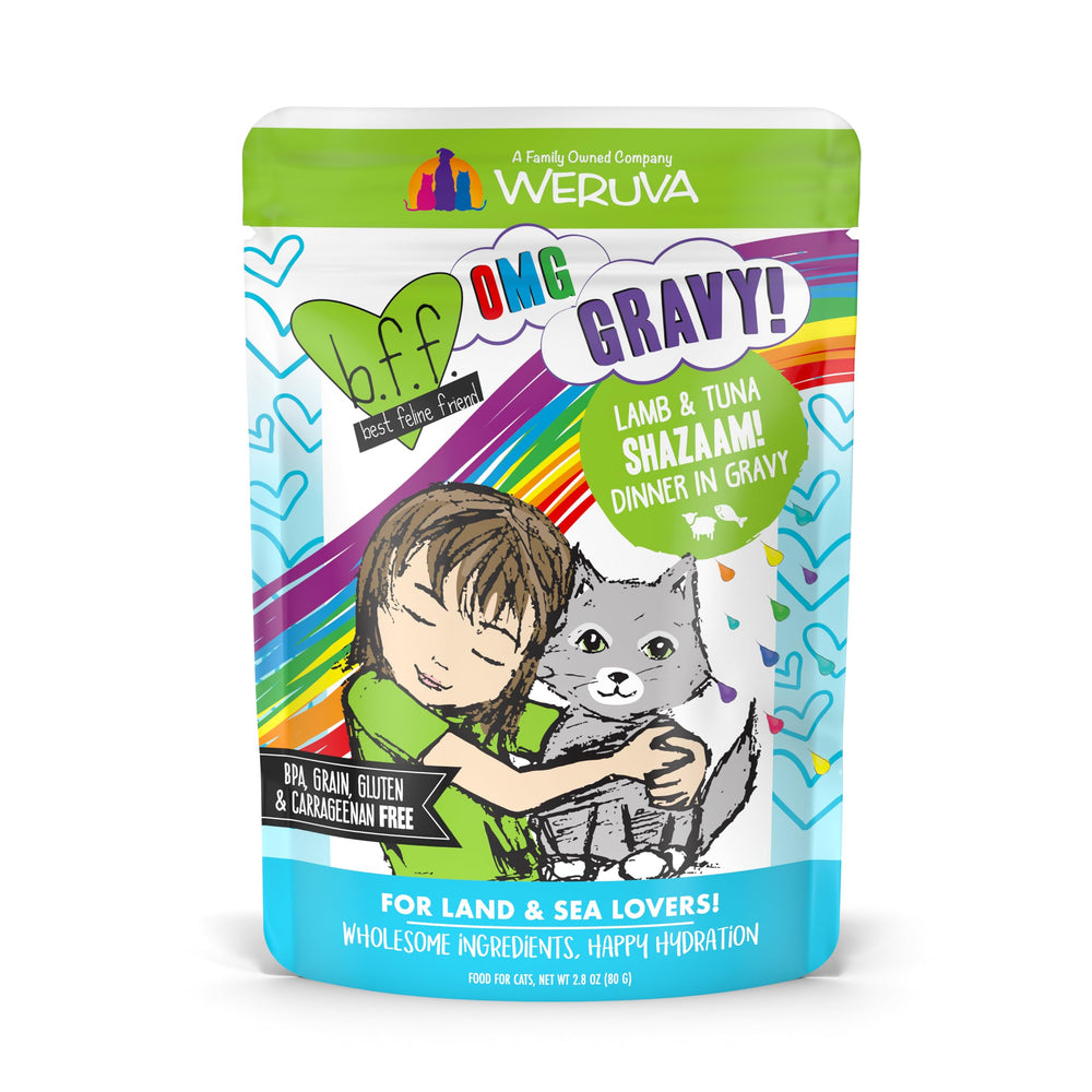 Weruva B.F.F. OMG Shazaam Lamb and Tuna in Gravy pouch close-up showing savory gravy for hydration