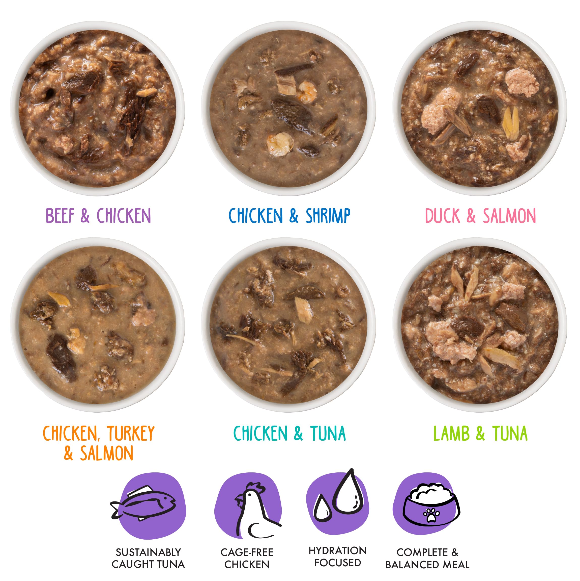 Weruva B.F.F. OMG six flavors display for varied cat meals