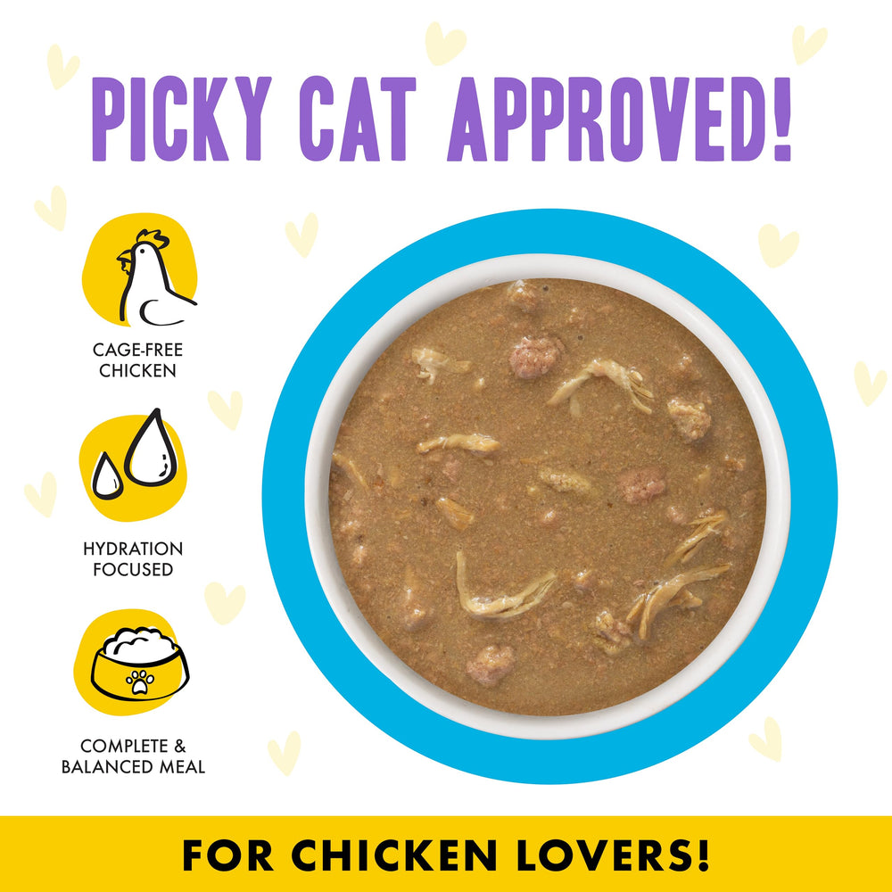 Weruva B.F.F. OMG tender chicken chunks in gravy served to satisfy appetites.