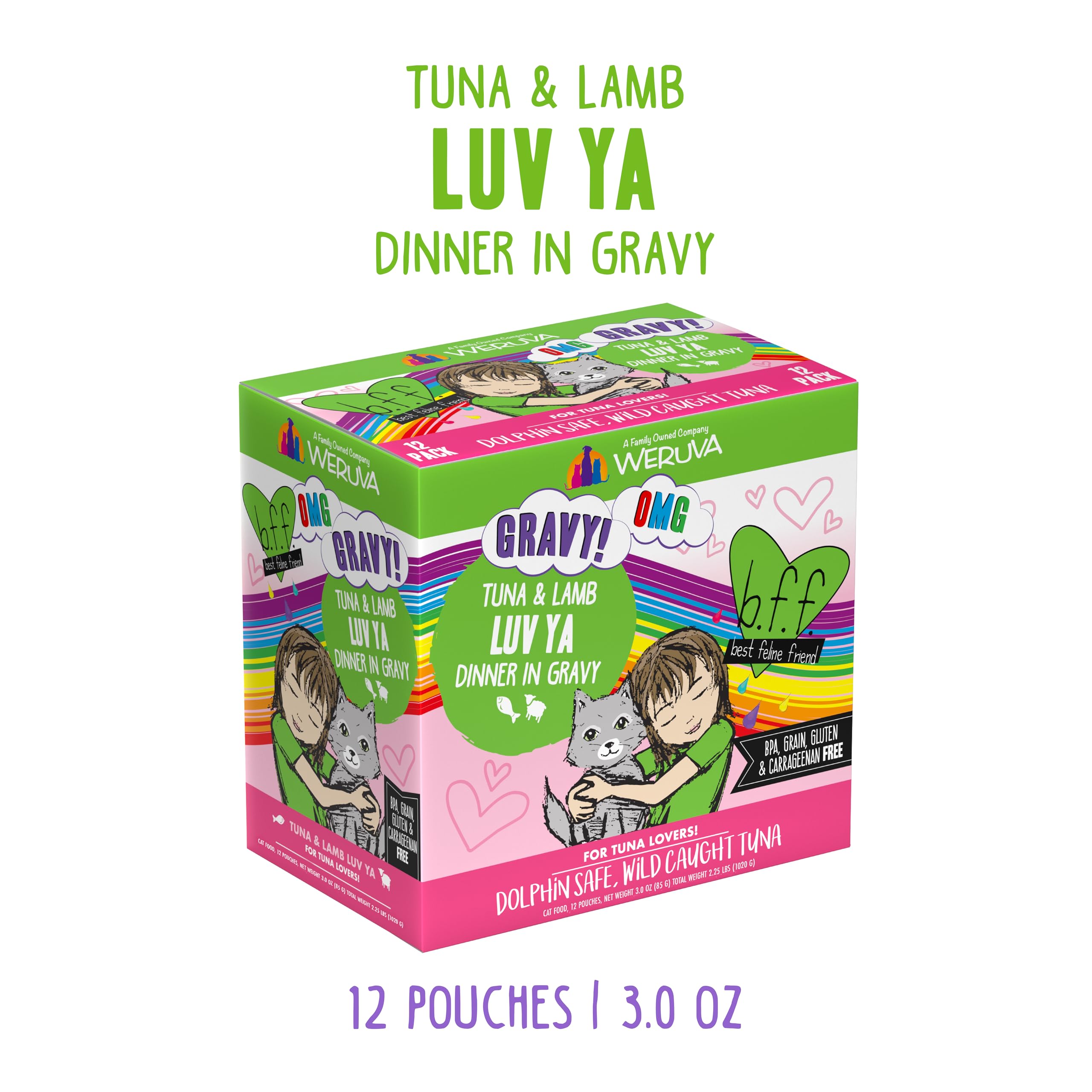 Weruva B.F.F. OMG tender tuna-lamb chunks in gravy for picky eaters.