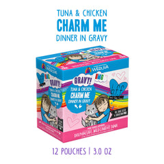 Weruva B.F.F. OMG tuna-chicken in gravy pouch stacked for convenient 3oz portions