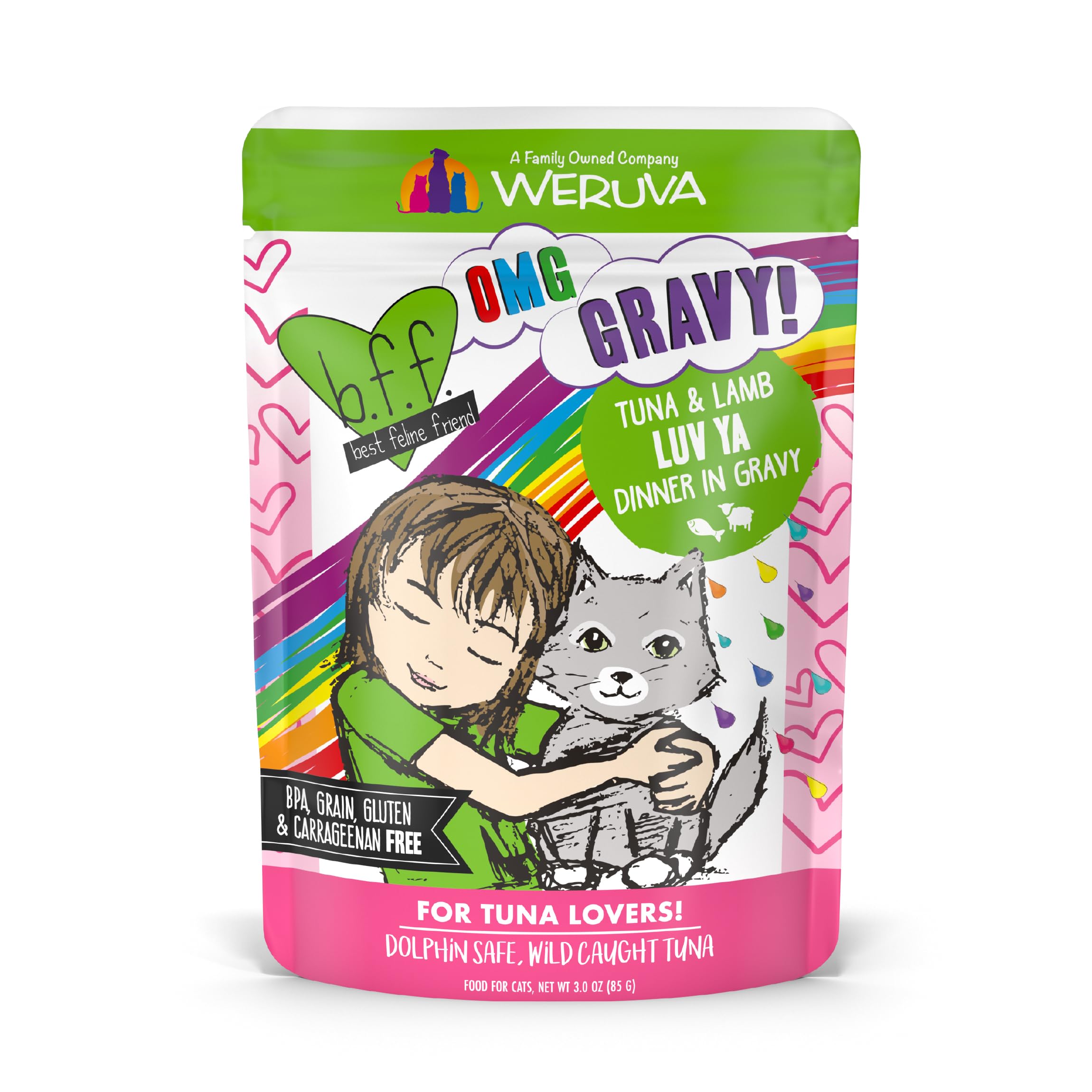 Weruva B.F.F. OMG tuna-lamb in gravy 3oz pouch — savory, high-moisture cat meal.