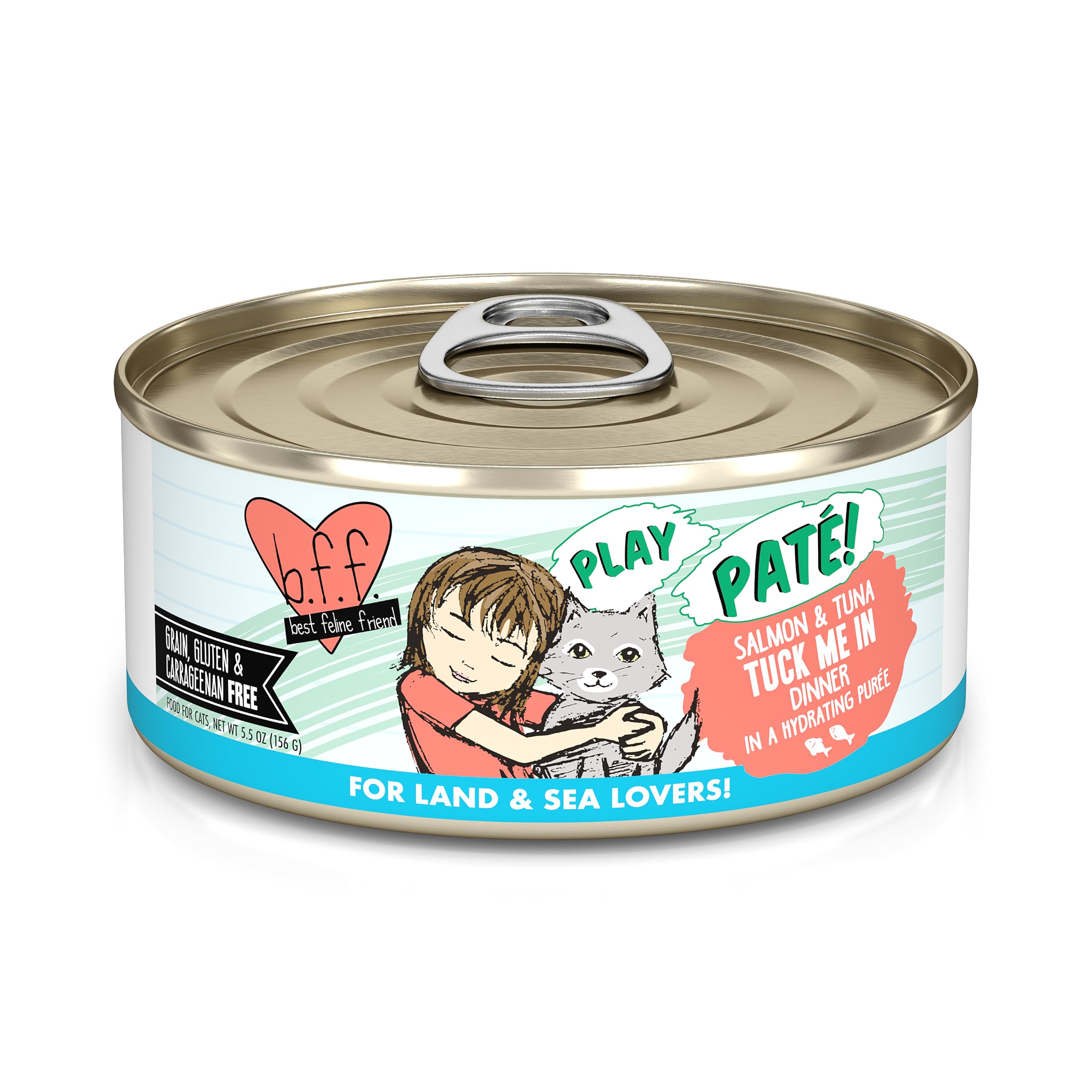 Eight-pack Weruva B.F.F. Play salmon-tuna paté cans in view for convenient meals