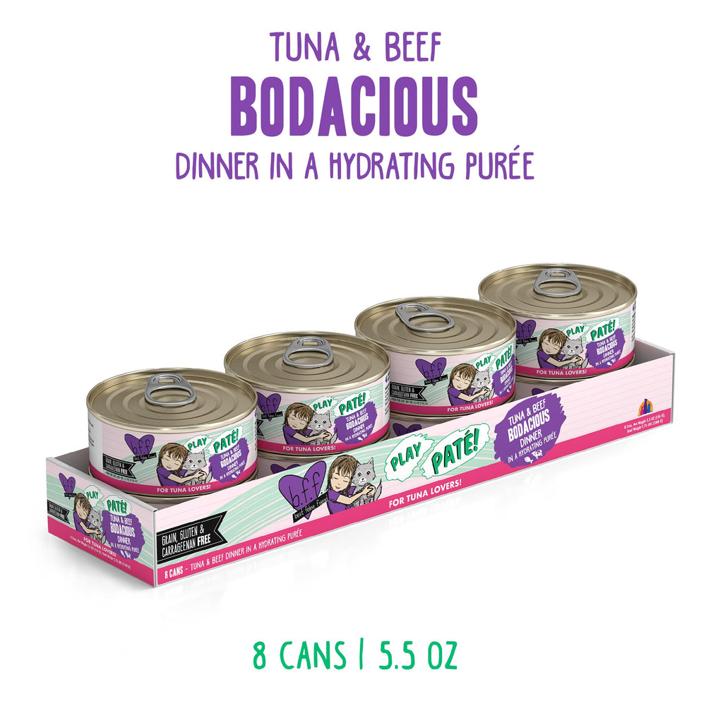 Weruva B.F.F. Play tuna and beef pate highlights protein-rich paté for meal time.