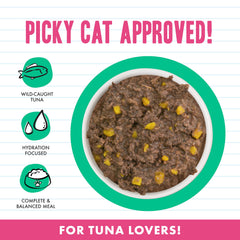 Weruva BFF tuna Valentine gravy close-up – minced tuna texture designed for palatability.