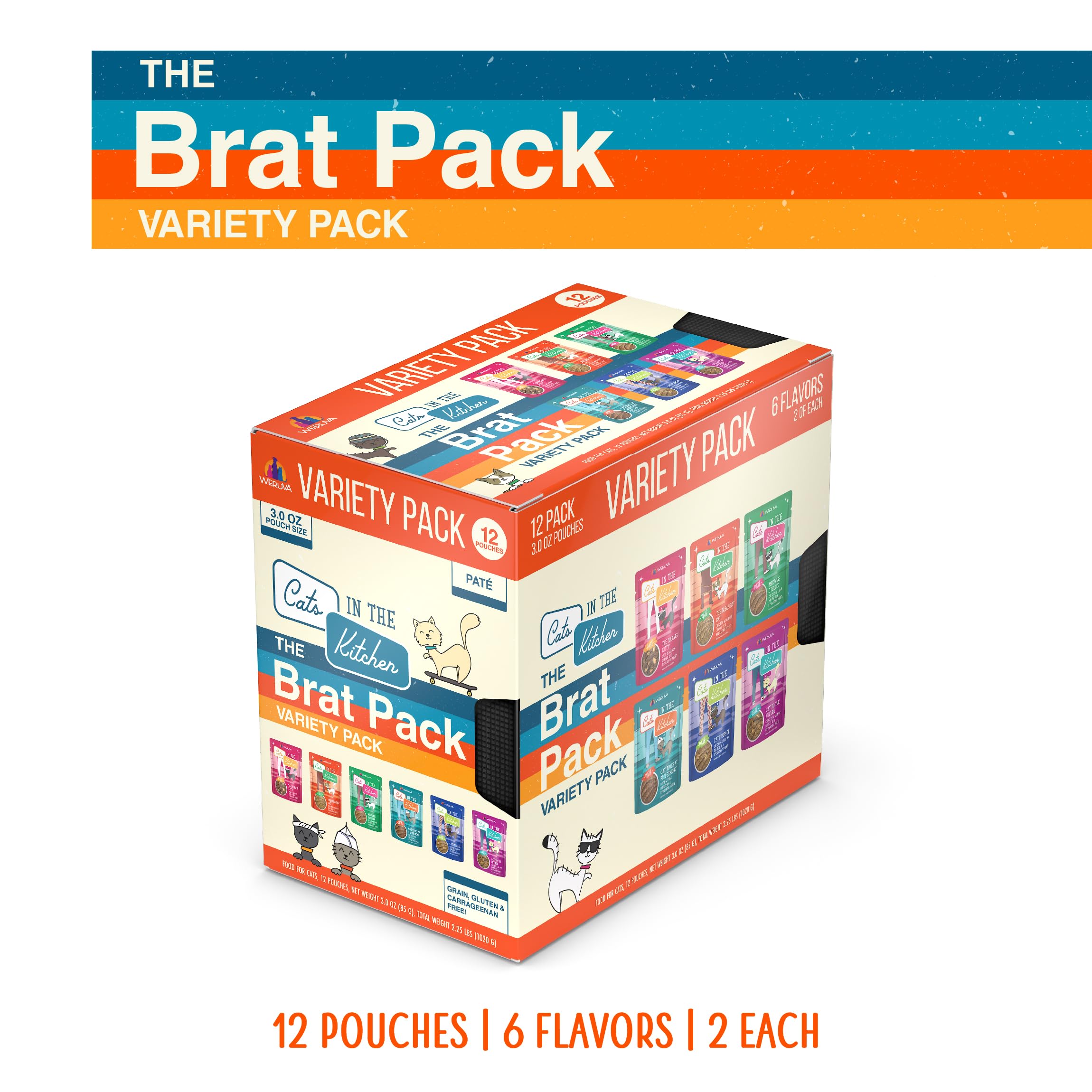 Brat Pack variety pouches closeup highlighting multi-flavor selection for cats.