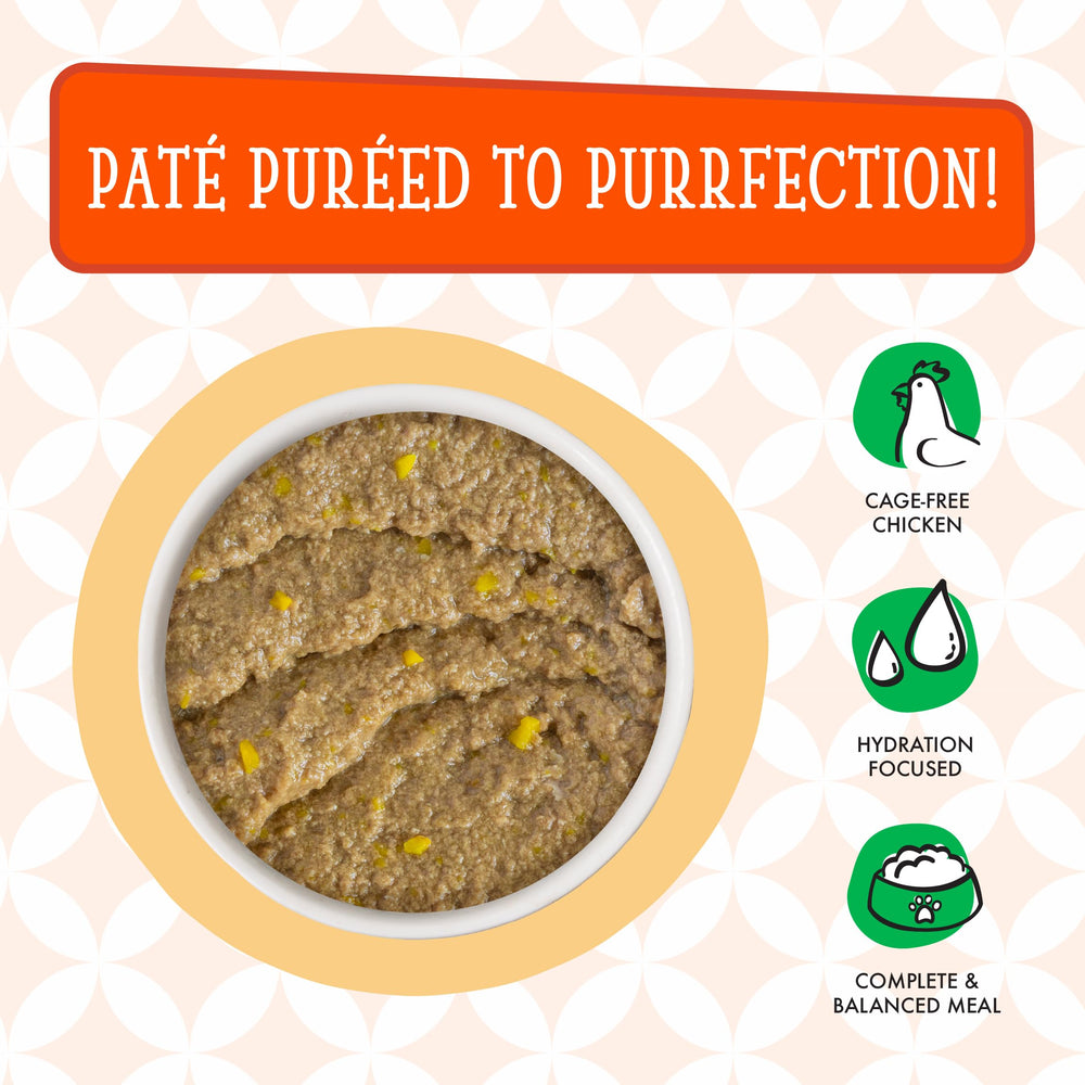 Close-up shows Weruva's Breakfast Cat paté texture with creamy chicken and pumpkin.