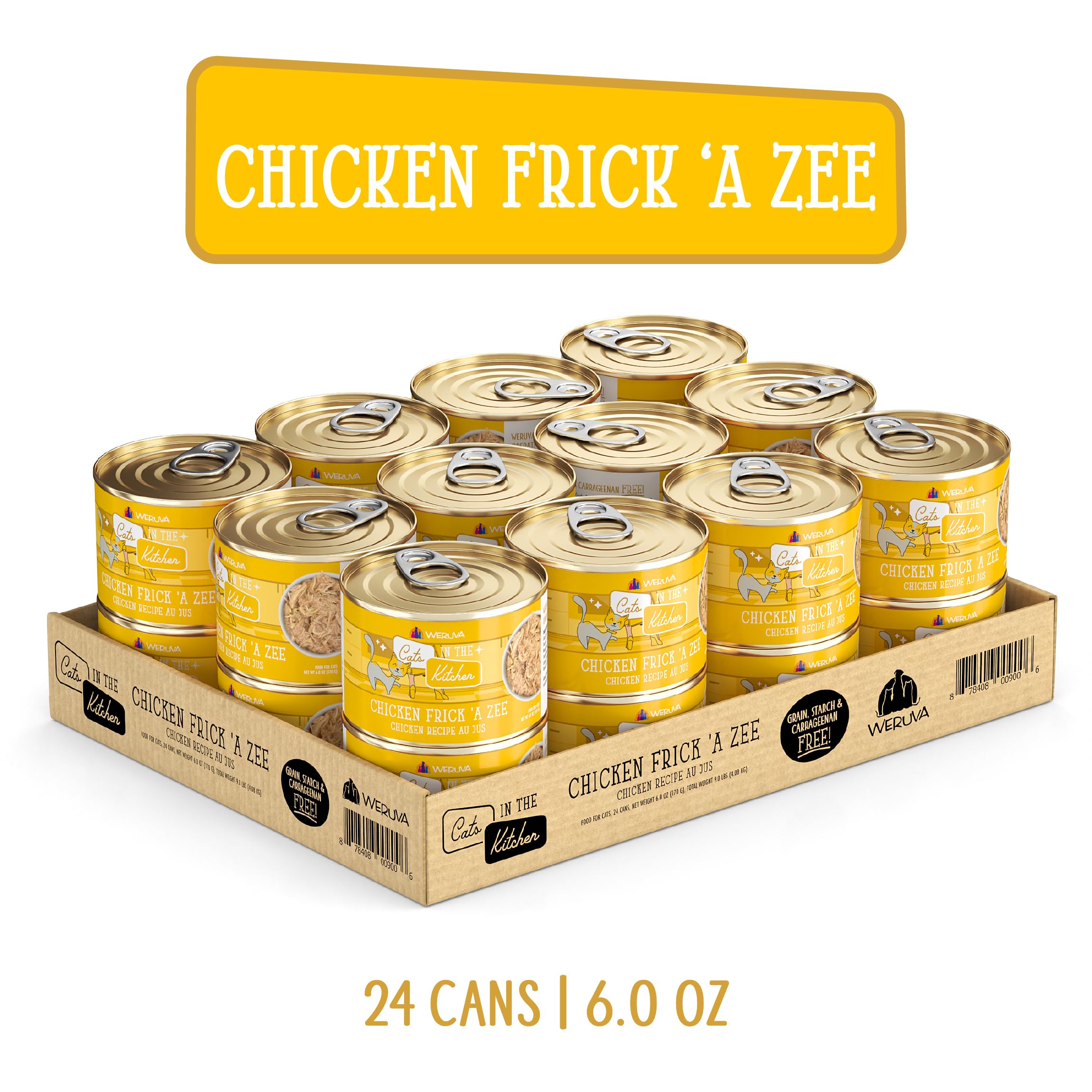 Cage-free chicken icon on Weruva Cats in the Kitchen packaging signals ethical sourcing.
