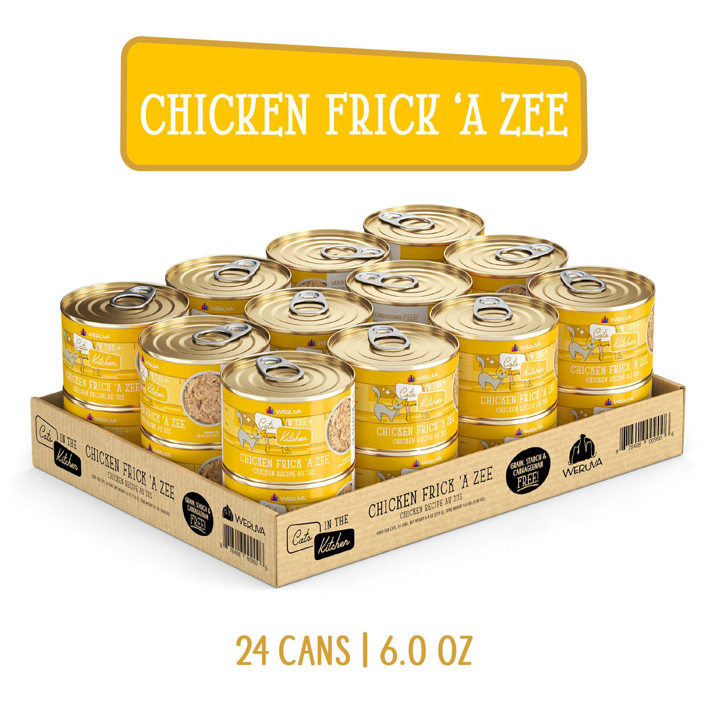Cage-free chicken icon on Weruva Cats in the Kitchen packaging signals ethical sourcing.