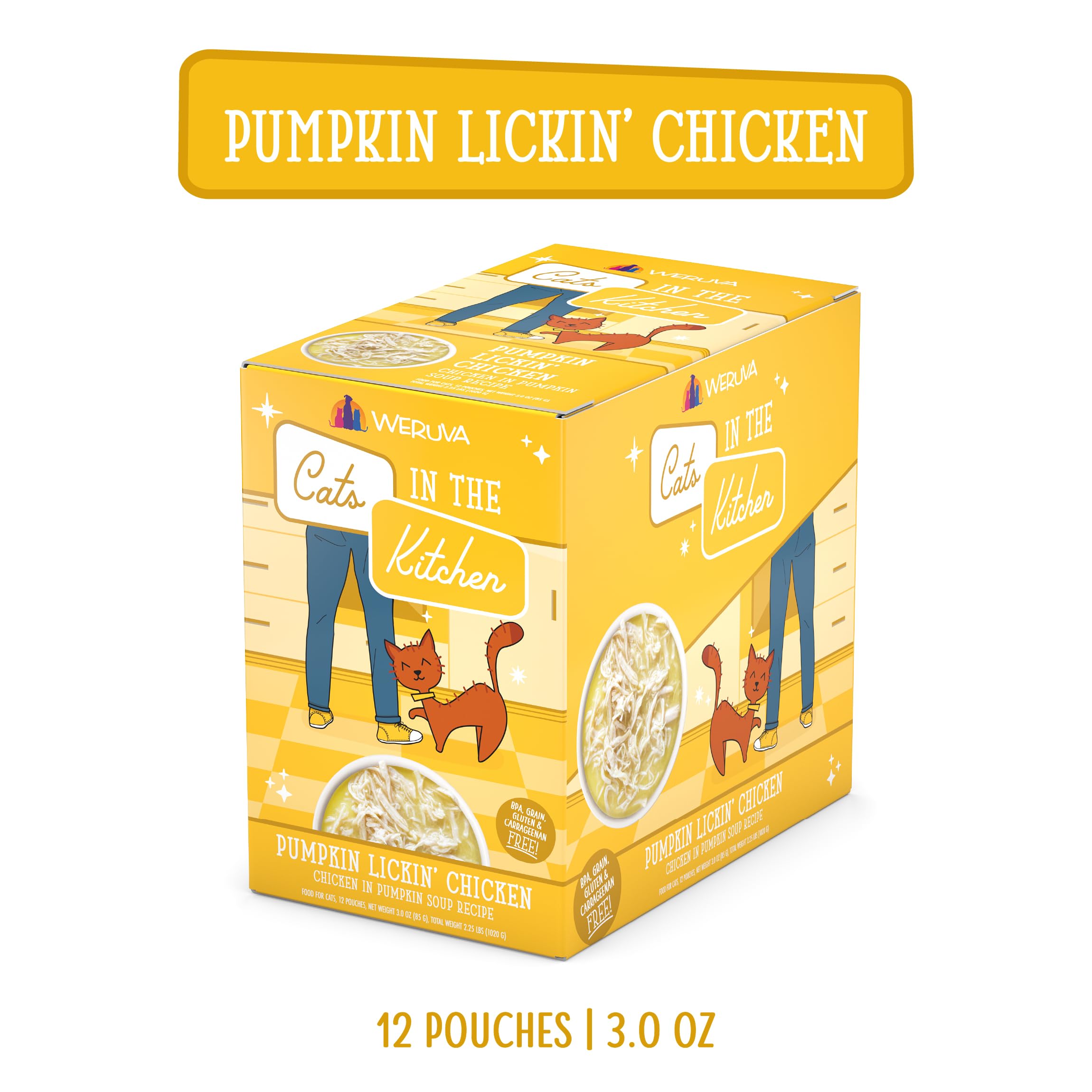 Weruva Cats in the Kitchen chicken breast in pumpkin soup pouch—protein-rich and easy to portion.