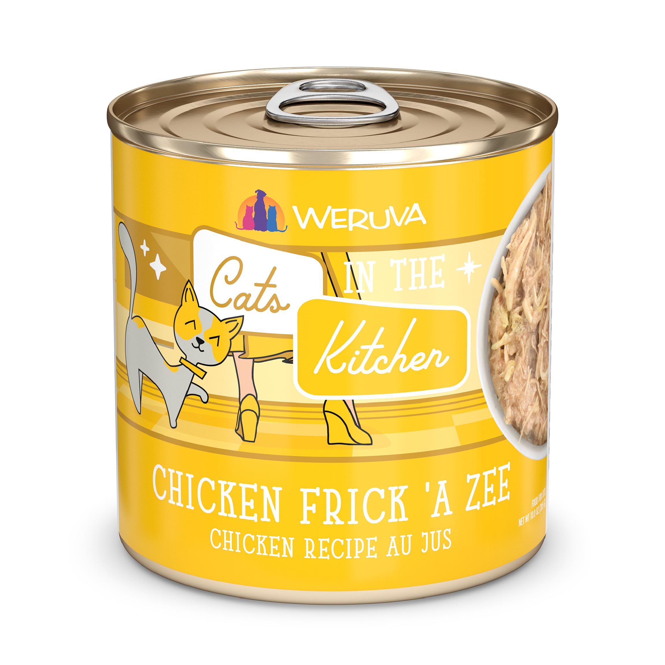 Weruva Cats in The Kitchen Chicken Frick A Zee 10oz can closeup for convenient multi-cat serving.
