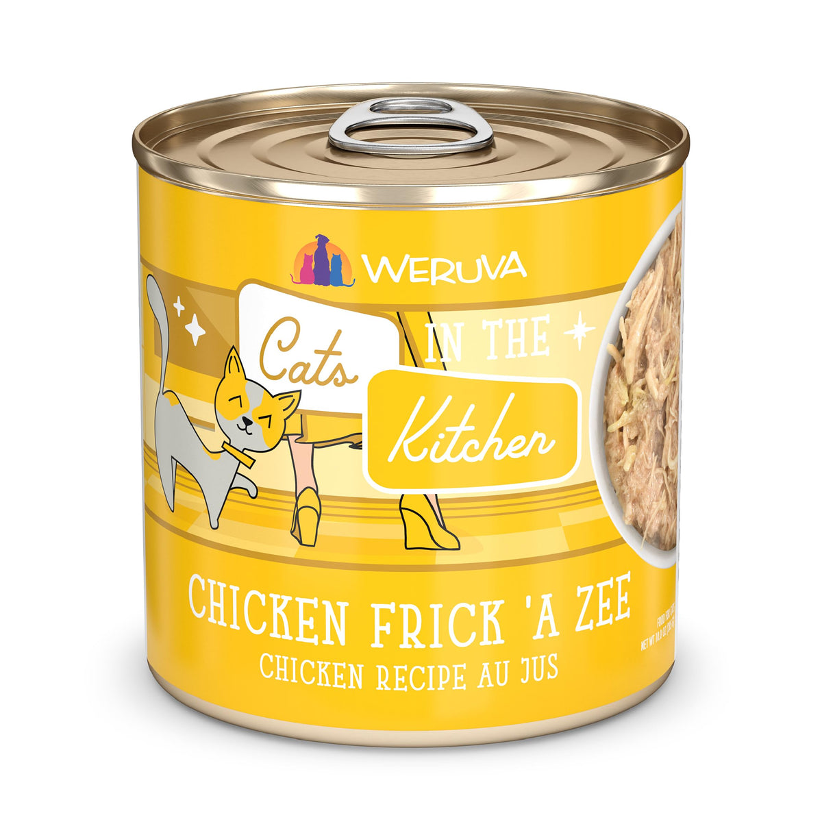 Weruva Cats in The Kitchen Chicken Frick A Zee 10oz can closeup for convenient multi-cat serving.