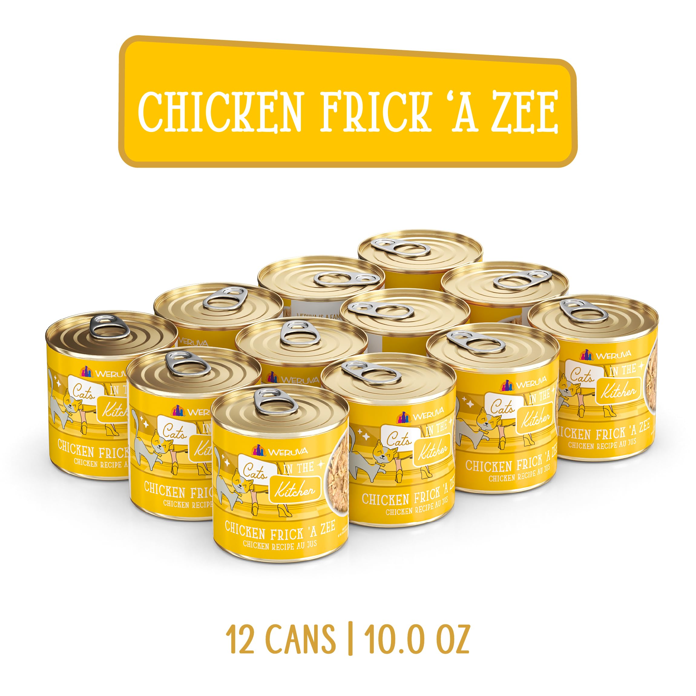 Pack of 12 Weruva Cats in The Kitchen Chicken Frick A Zee cans for easy family meals.