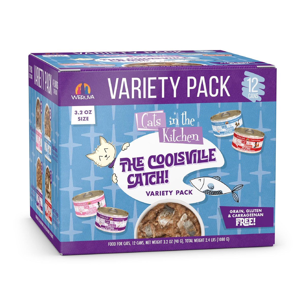Weruva Cats in the Kitchen Coolsville Catch variety pack with premium protein in gravy, convenient 3.2oz cans.