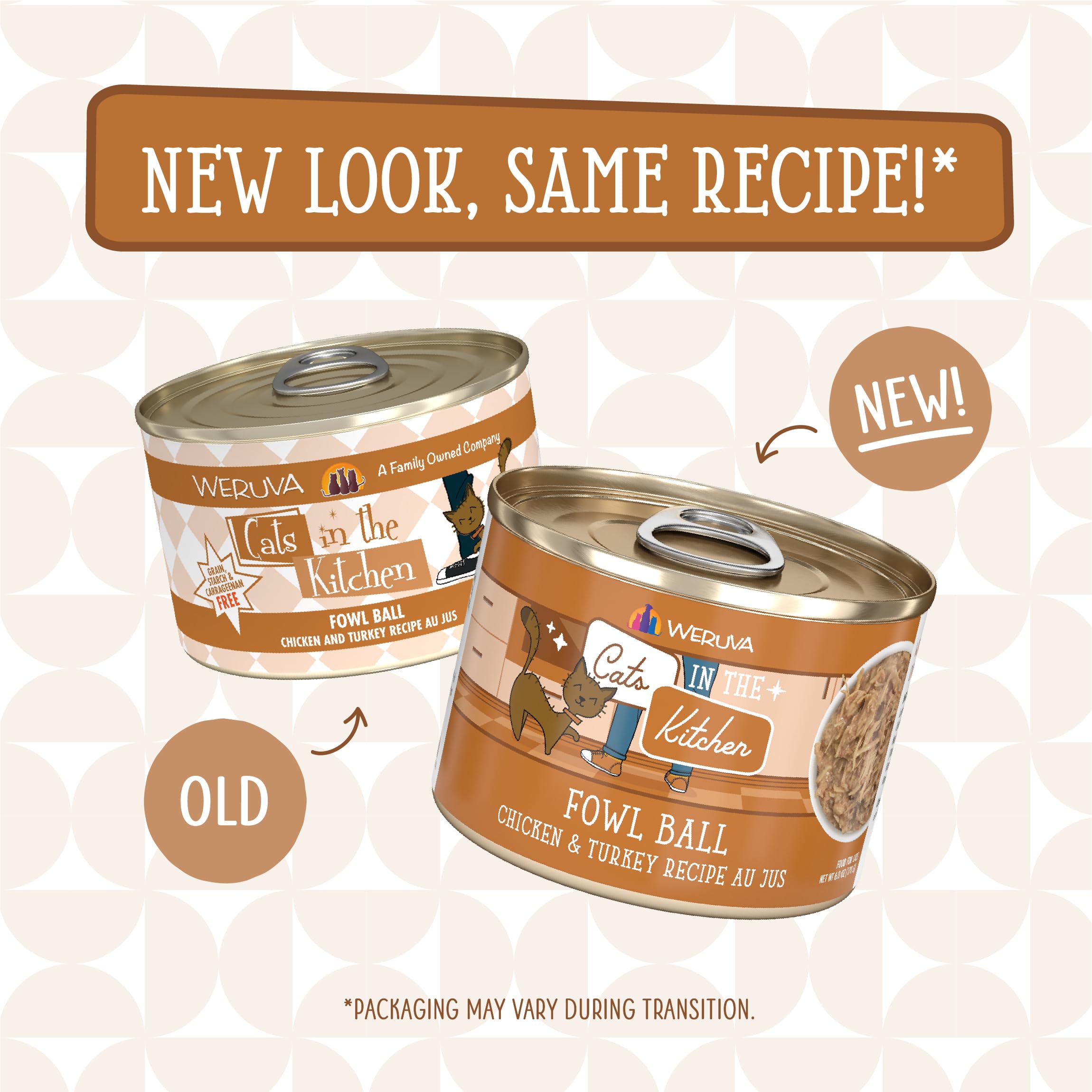 Weruva Cats in the Kitchen Fowl Ball can label highlighting premium protein blend.