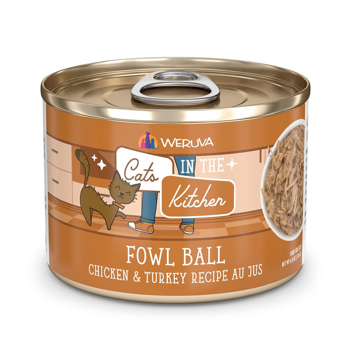 Weruva Cats in the Kitchen Fowl Ball pack of 24 cans for convenient meals.