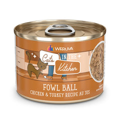 Weruva Cats in the Kitchen Fowl Ball pack of 24 cans for convenient meals.