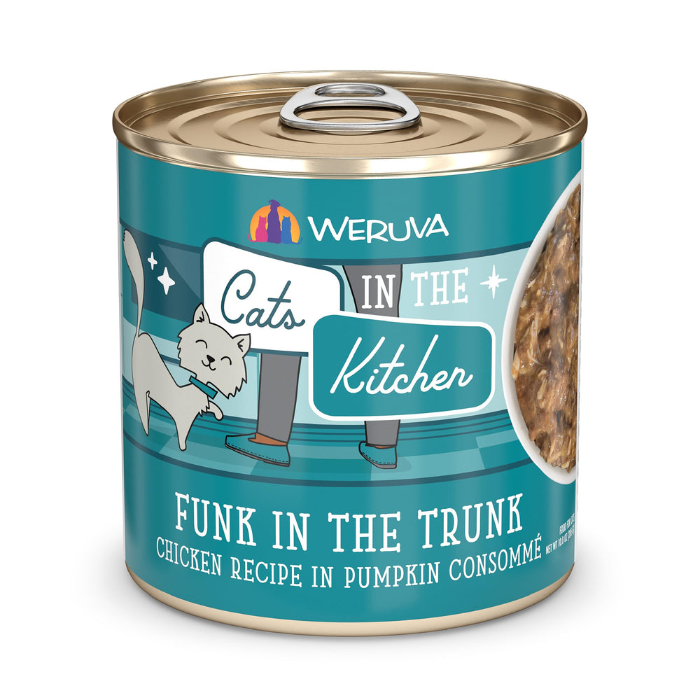 Weruva Cats in The Kitchen Funk in the Trunk packaging image showing premium protein option for cats.