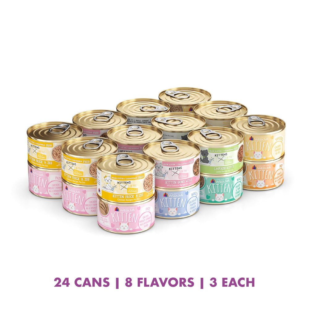 Weruva Cats in The Kitchen Kitten Variety Pack chicken formula cans for balanced meals