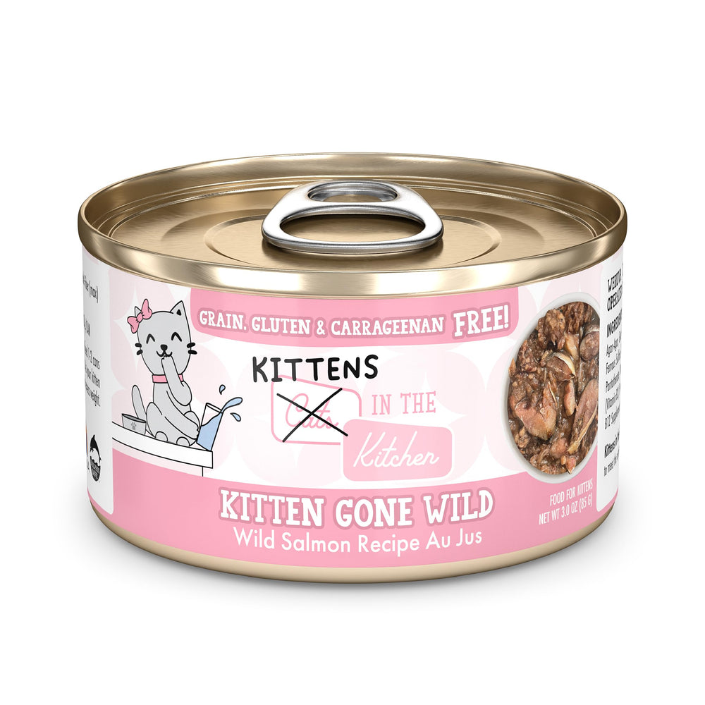 Weruva Cats in The Kitchen Kitten Gone Wild can label close-up showcasing premium seafood proteins.