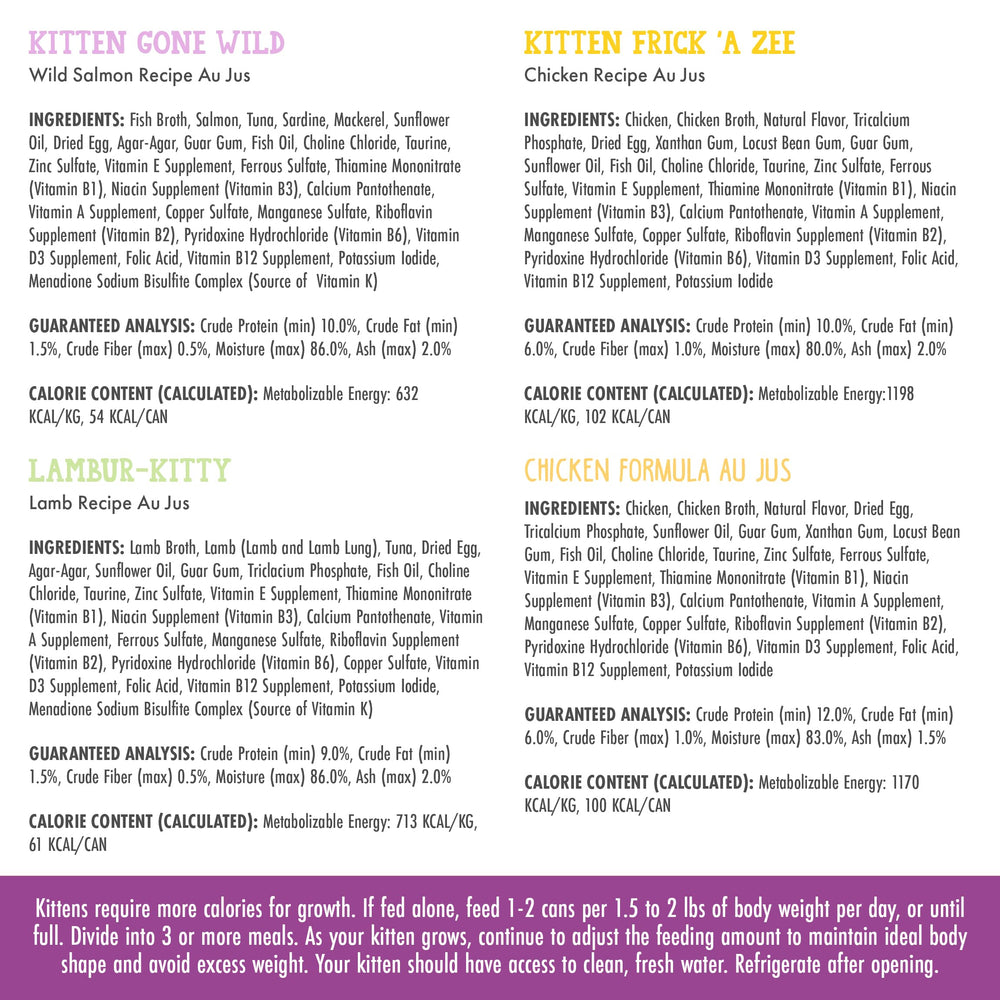 Weruva Cats in The Kitchen Kitten Variety Pack Kitten Gone Wild formula cans for rich taste