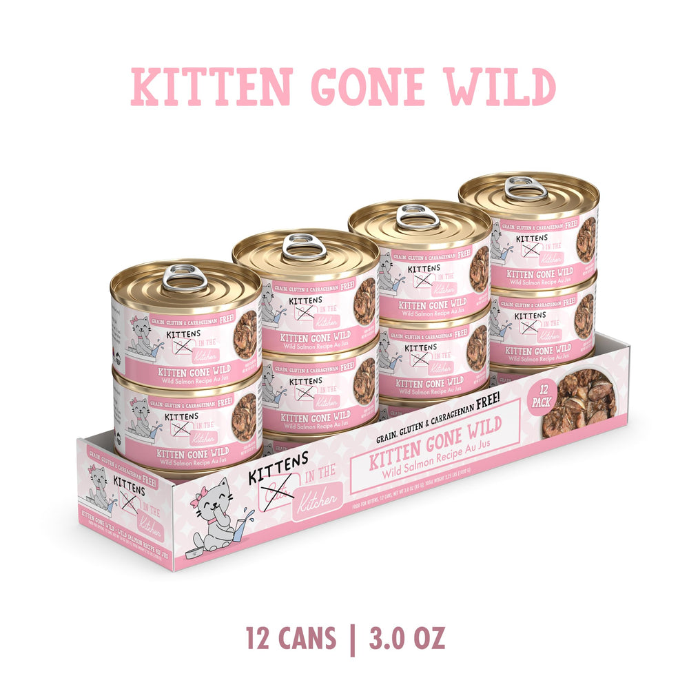 Weruva Cats in The Kitchen Kitten Gone Wild pack of 12 cans on display for easy meal planning.