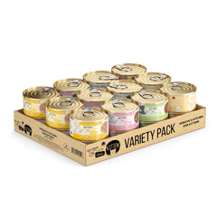 Weruva Cats in The Kitchen Kitten Variety Pack display of 3oz cans for varied kitten meals