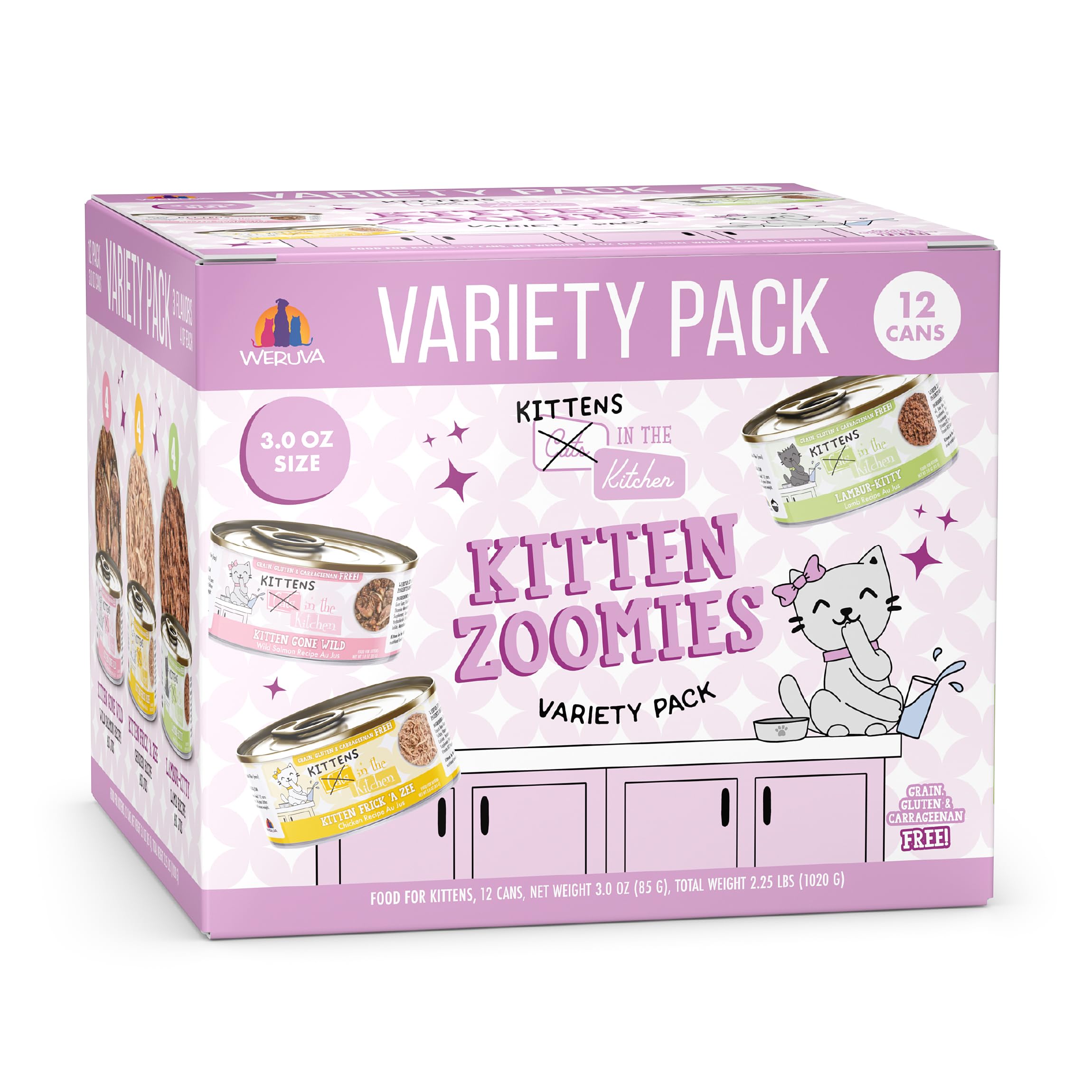 Weruva Cats in the Kitchen Kitten Zoomies variety pack cans shown for hydration-focused meals.
