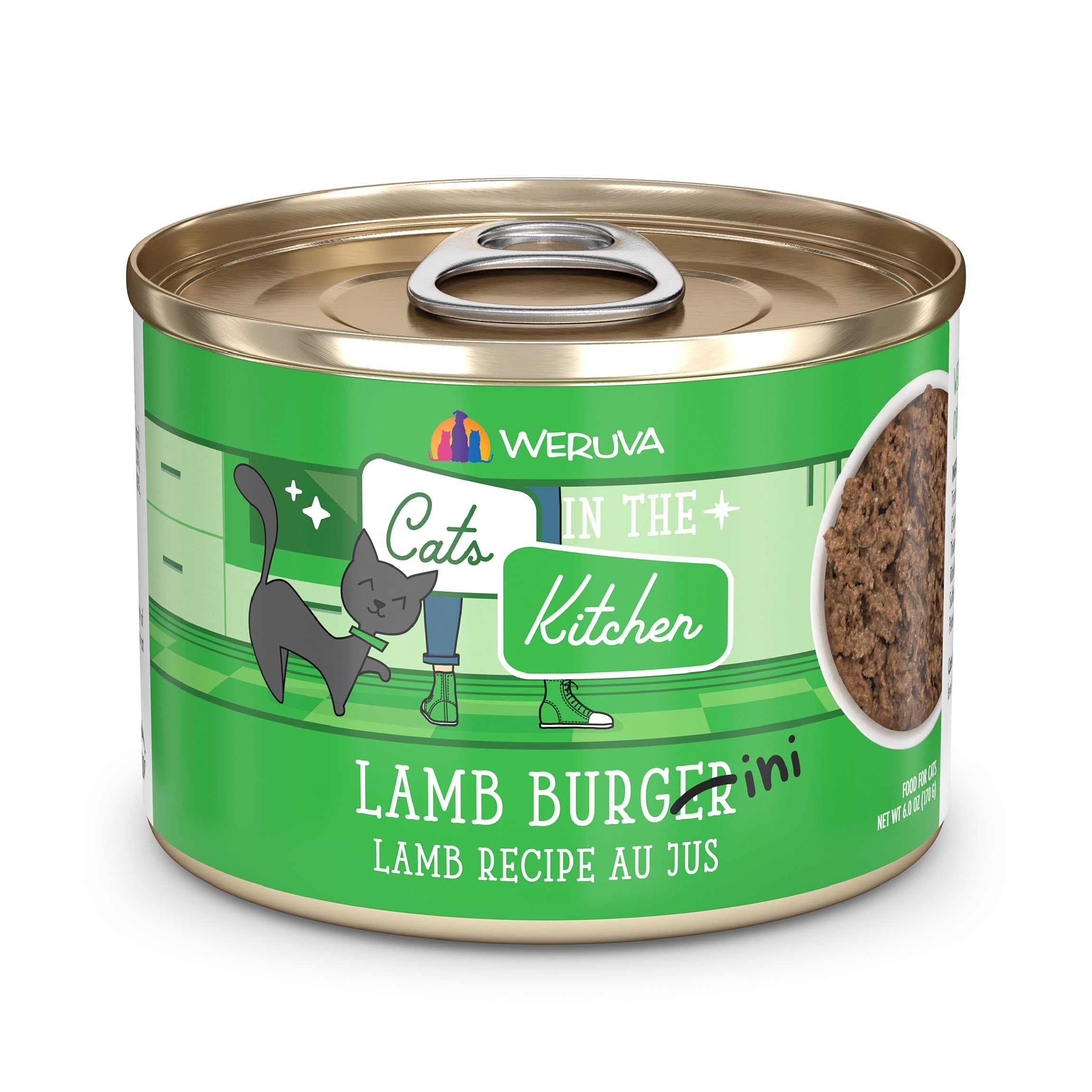 Weruva Cats in The Kitchen Lamb Burger-ini can front label highlighting premium protein blend for cats