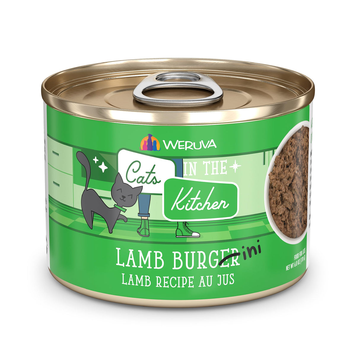 Weruva Cats in The Kitchen Lamb Burger-ini can front label highlighting premium protein blend for cats