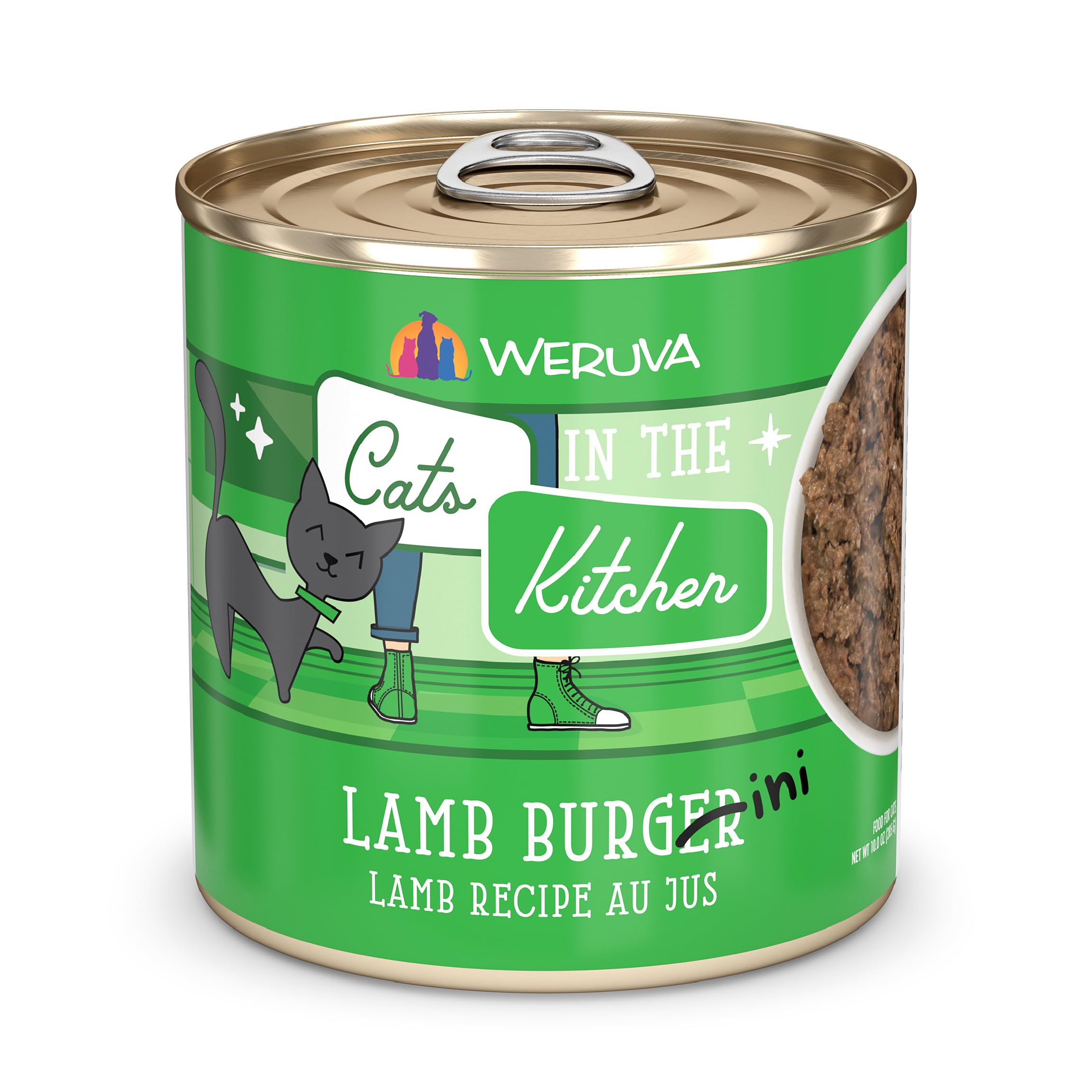 Weruva Lamb Burger-ini can front view for appetizing appeal.