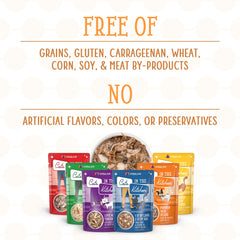 Weruva Cats in the Kitchen Pantry Party Pouch gravy detail, rich sauce enhances palatability.