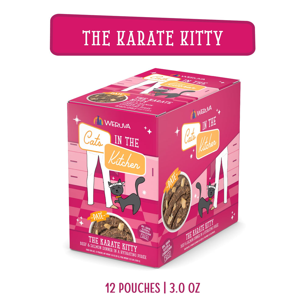 Close-up of The Karate Kitty pate ingredients in Weruva pouch.