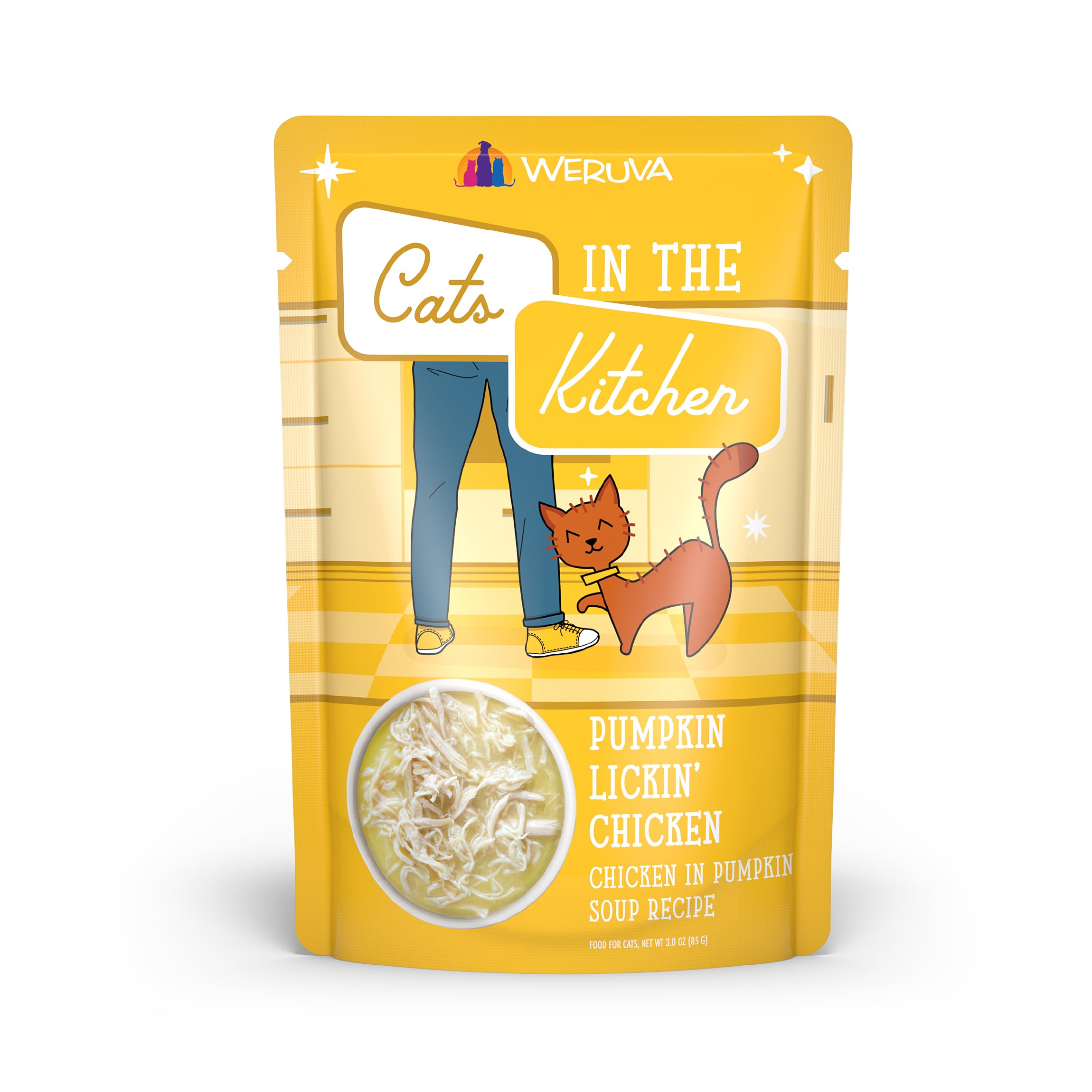 Weruva Cats in the Kitchen Pumpkin Lickin' Chicken pouch—grain-free and tasty hydration-friendly meal.