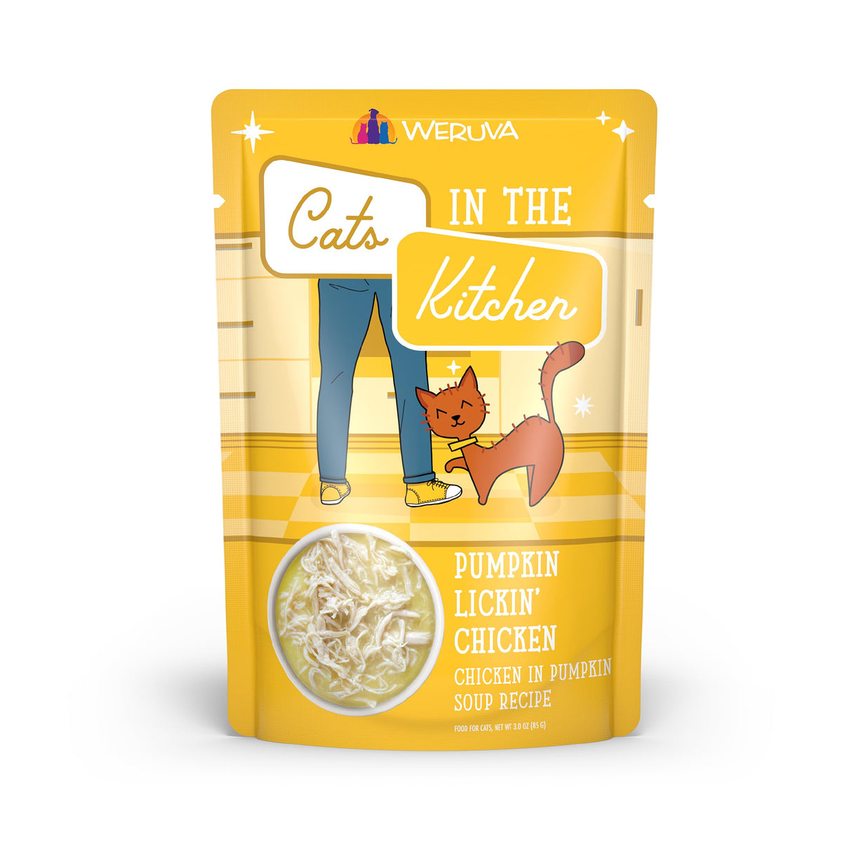 Weruva Cats in the Kitchen Pumpkin Lickin' Chicken pouch—grain-free and tasty hydration-friendly meal.