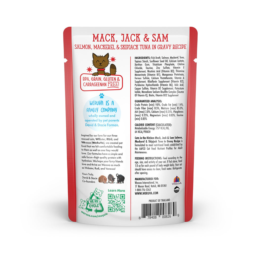 Weruva Cats in The Kitchen Mack Jack Sam features wild caught salmon and tuna