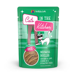 Weruva Cats in the Kitchen Slide N' Serve Meowiss Bueller pouch – convenient paté for quick meals.