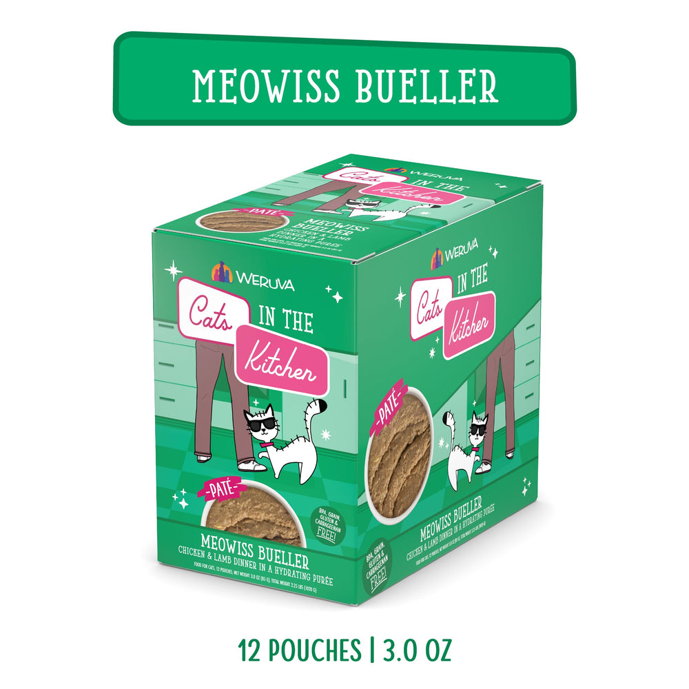 Weruva Meowiss Bueller slide-n-serve paté highlights cage-free chicken and grass-fed lamb.
