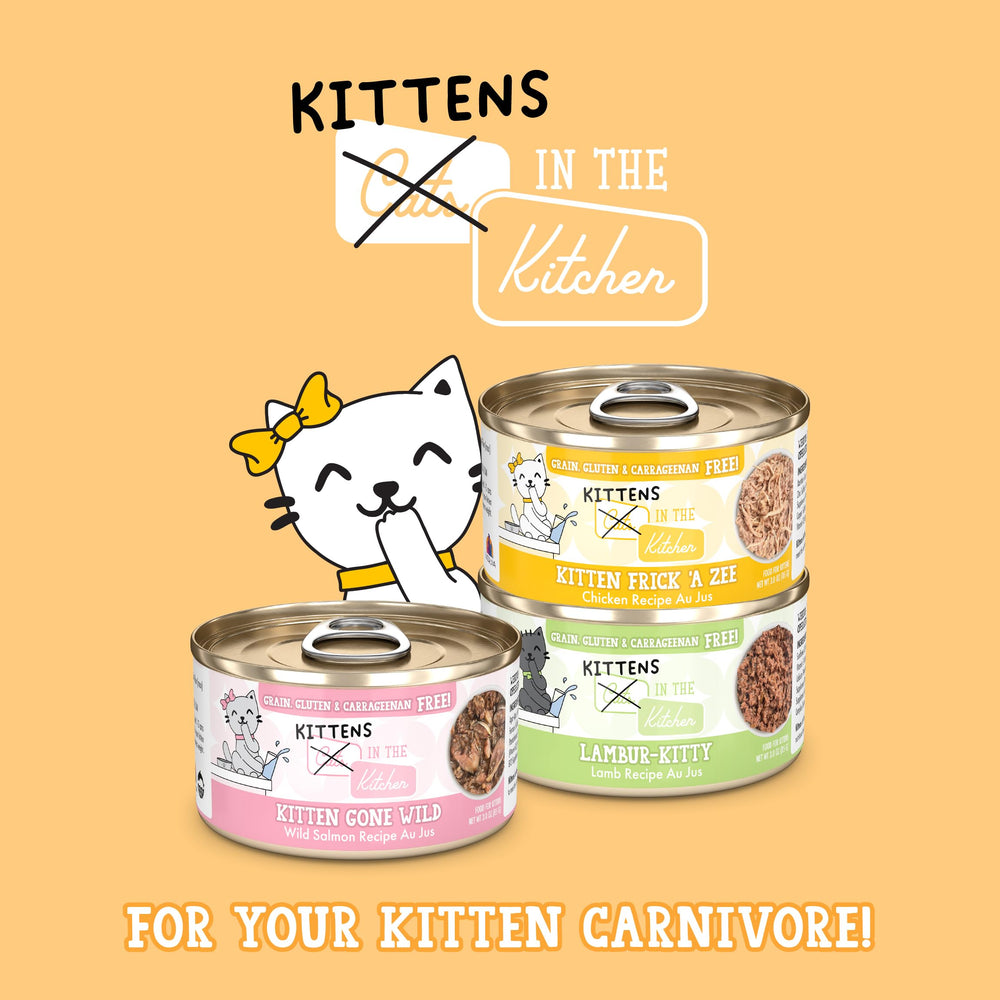 Variety pack cans on a shelf, easy feeding option from Weruva Cats in the Kitchen.