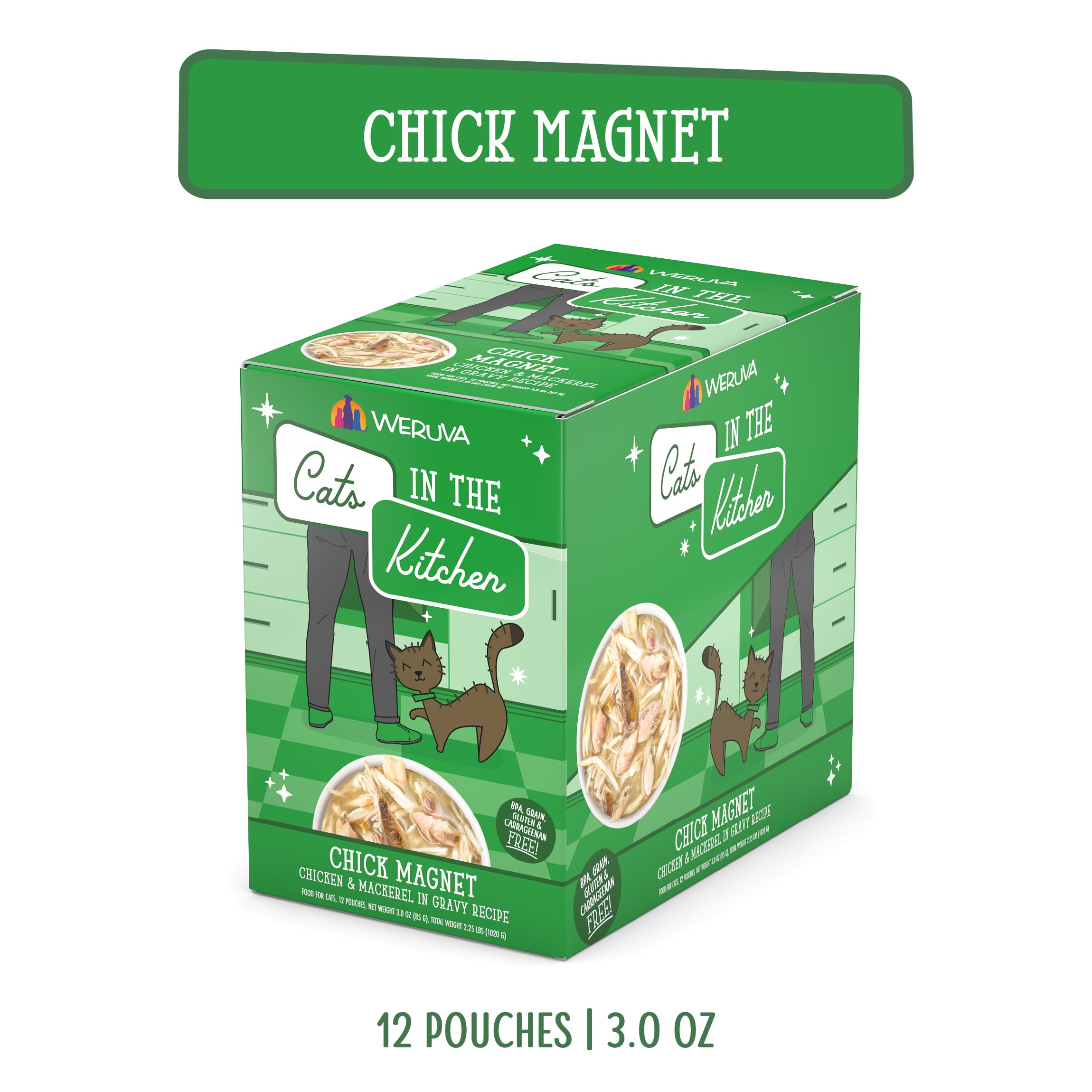 Chick Magnet 3oz pouch close-up showing chicken and mackerel in savory gravy