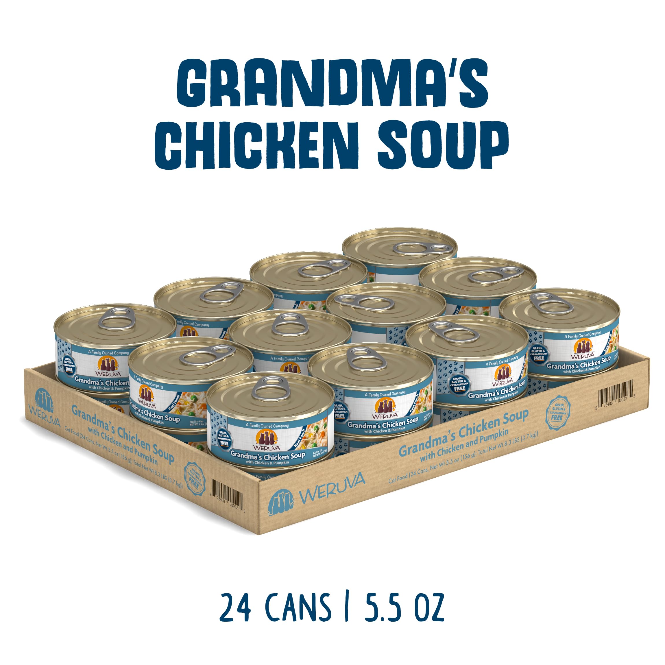 Close-up of Weruva Grandma's Chicken Soup showing cage-free chicken in broth