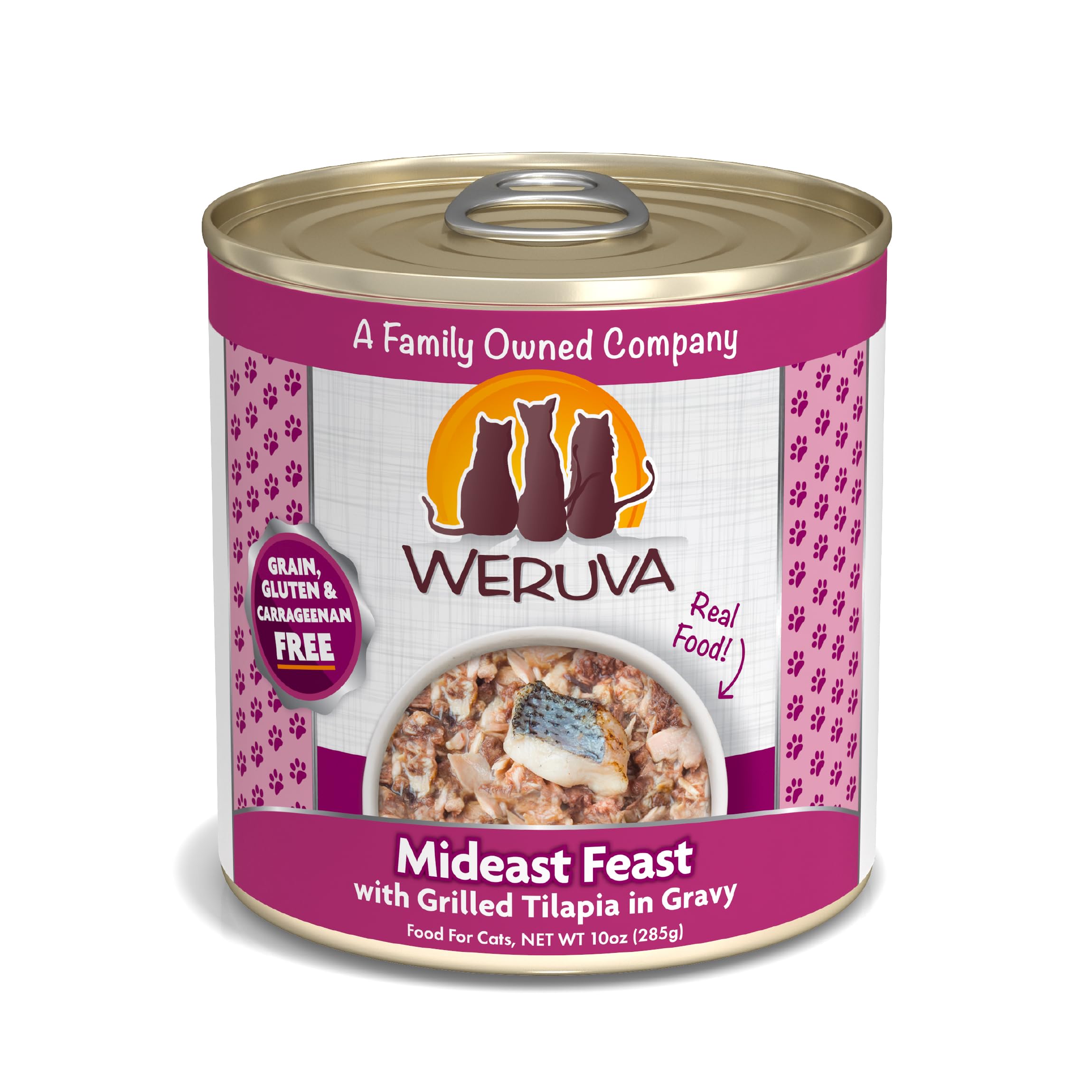 Weruva Classic Cat Food Mideast Feast tilapia gravy can shows tender fish chunks for hydration