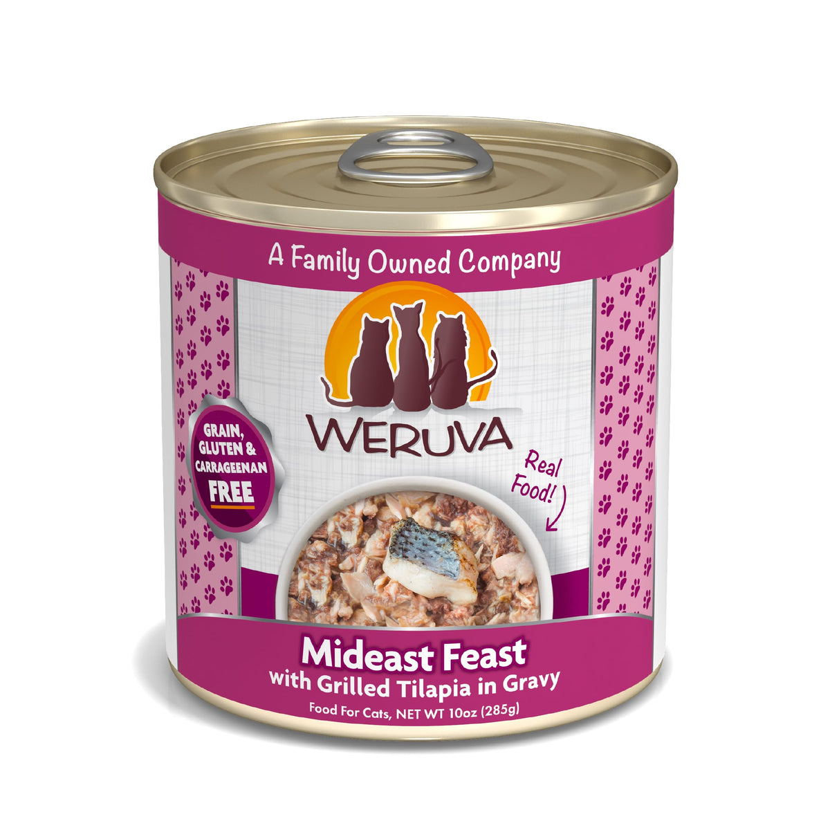 Weruva Classic Cat Food Mideast Feast tilapia gravy can shows tender fish chunks for hydration