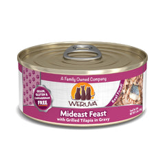 Weruva Mideast Feast tilapia in gravy 5.5oz can, appealing to picky eaters