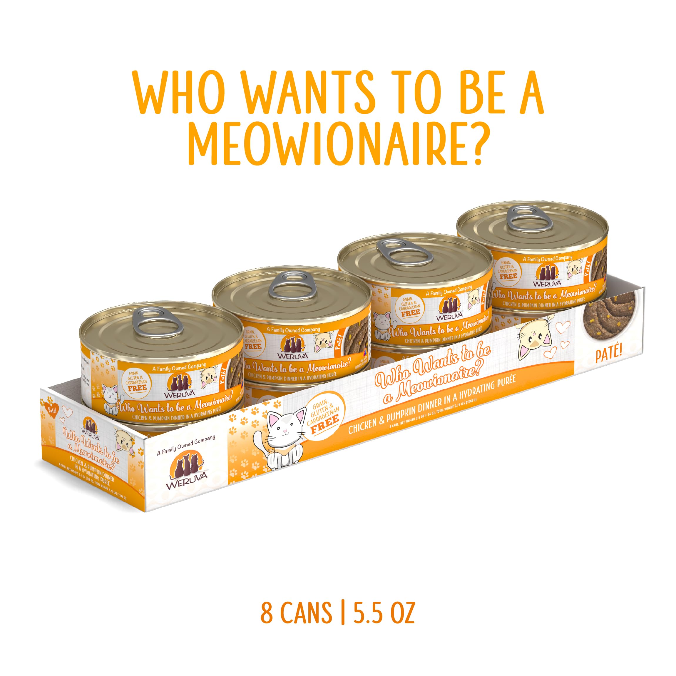 Weruva Who Wants to be a Meowionaire paté label close-up highlighting clean ingredients and grain-free formula.