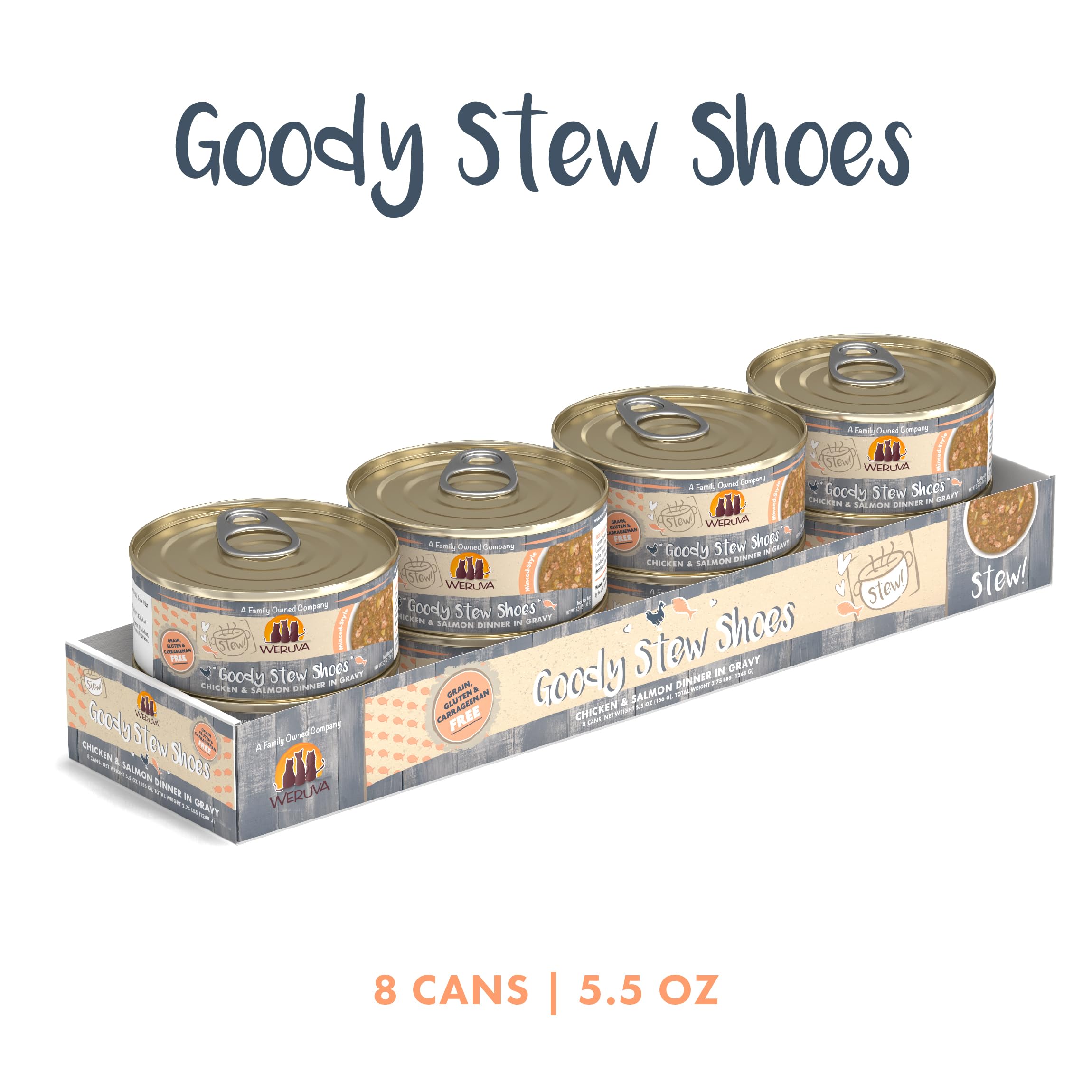 Close-up of chicken and salmon in gravy in Weruva Goody Stew Shoes.