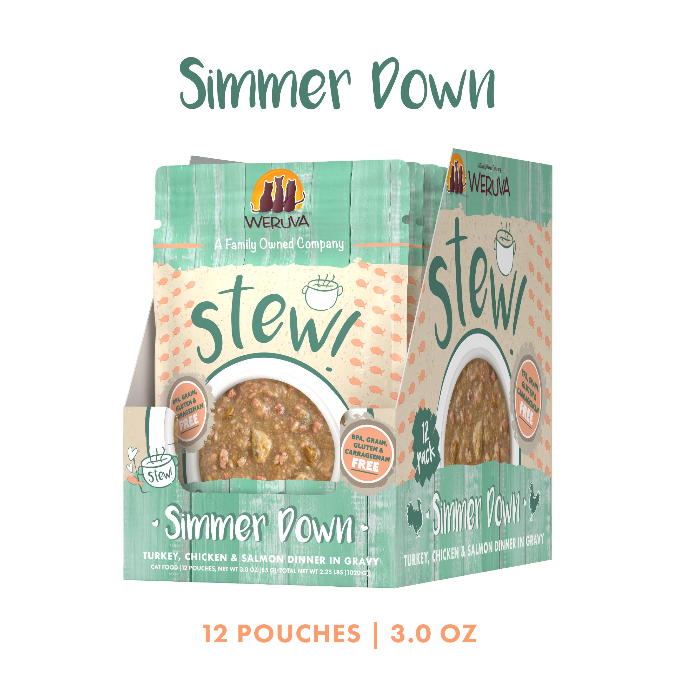 Weruva Classic Cat Stews close-up highlights omega-rich salmon texture.